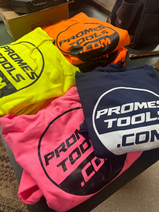 Promes Tools hoodies in Safety Green, Safety Orange, Neon Pink, and Navy
